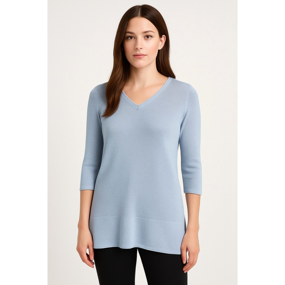 Echo Verde Women's Knit Top L Blue Linen Organic Cotton V-Neck Tunic 3/4 Sleeve‎